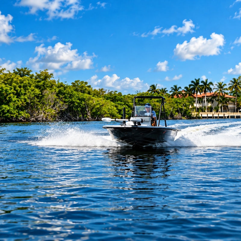 A dark-hulled flats boat with a poling platform running fast past green mangroves, with a waterfront house behind it