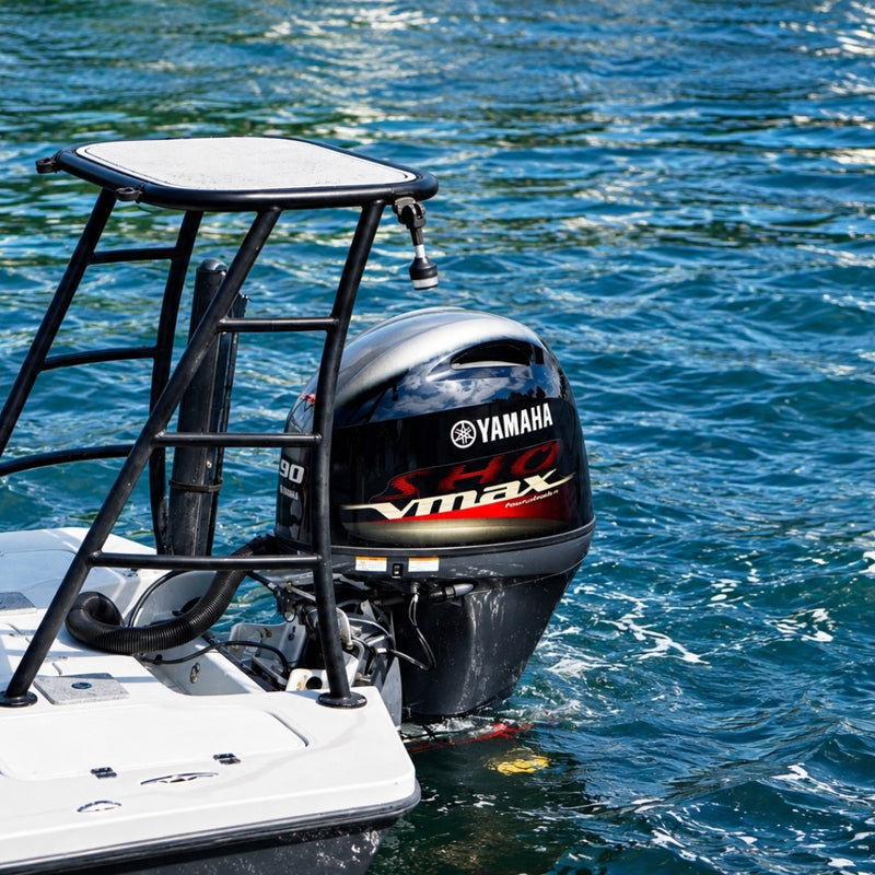 A black Yamaha VMAX SHO outboard on the stern of the boat, with the dark frame of the poling platform above it and blue water behind