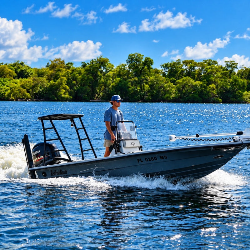 A man in a cap standing at the console of the dark-blue flats boat as it runs across a bay, with a tree-lined shore behind